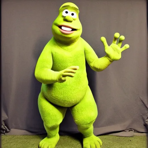 Prompt: shrek if he as a full - body puppet costume on sesame street