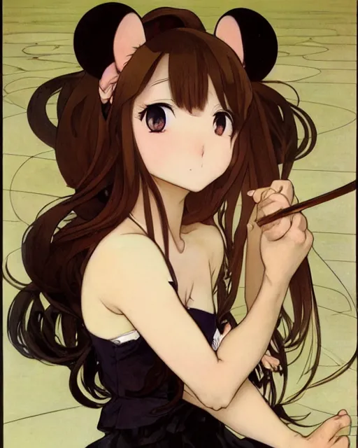 Prompt: A cute frontal painting of a very very beautiful anime skinny mousegirl with long wavy brown colored hair and small mouse ears on top of her head wearing a cute black dress and black shoes looking at the viewer, elegant, delicate, feminine, soft lines, higly detailed, smooth , pixiv art, ArtStation, artgem, art by alphonse mucha Gil Elvgren and Greg rutkowski, high quality, digital illustration, concept art, very long shot, sea of thieves illustration