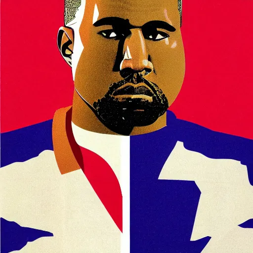 Prompt: Russian Propaganda Soviet illustrated poster of Kanye West as President standing in front of a USA America flag