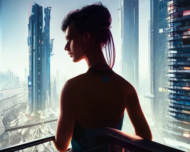 Image similar to 5 5 mm portrait photo of a beautiful young woman looking from a balcony. futuristic atmosphere. cyberpunk city. art by greg rutkowski. highly detailed 8 k. intricate. lifelike. soft light. nikon d 8 5 0.