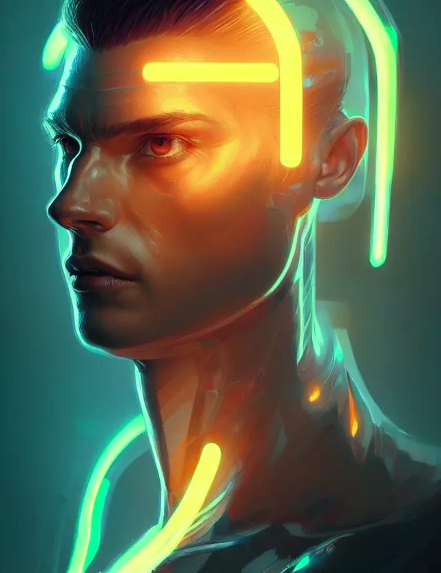 Image similar to portrait of male humanoid, intricate, masculine, cyber neon lighting, highly detailed, digital photography, artstation, stylish pose, concept art, smooth, sharp focus, illustration, art by artgerm and greg rutkowski