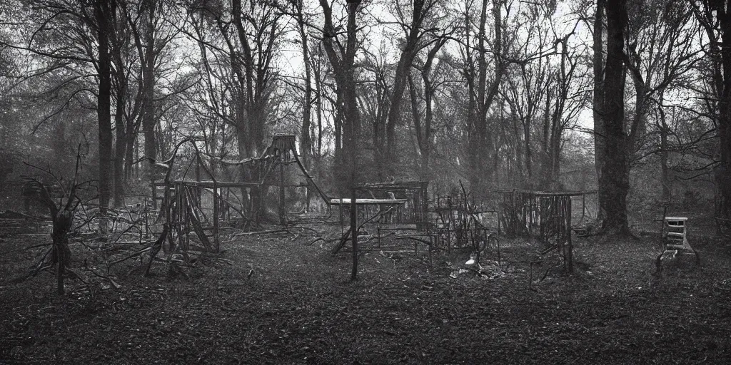 Image similar to a creepy atmospheric play ground in the dark woods, abandoned, haunted, ghost children, ghost hunters, volumetric lighting, film shot, 1950's, ISO 1800, scratches