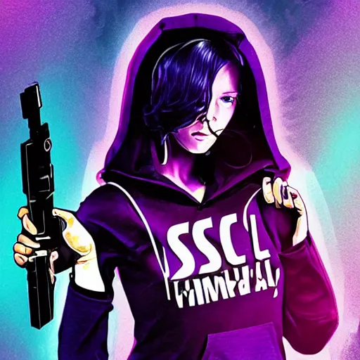 Prompt: poster artwork, sci fi, a female, full body, black hoodie techie, black hair with purple streaks, holding a gun, 8 k