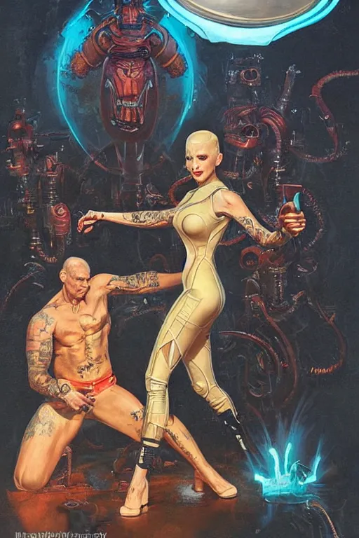 Image similar to full body portrait of martyn ford as lovecraftian demon being zapped by ray gun held by elegant lady wearing a latex spacesuit, by norman rockwell, jack kirby, jon berkey, earle bergey, craig mullins, ruan jia, jeremy mann, tom lovell, marvel, astounding stories, 5 0 s pulp illustration, scifi, fantasy, artstation creature concept