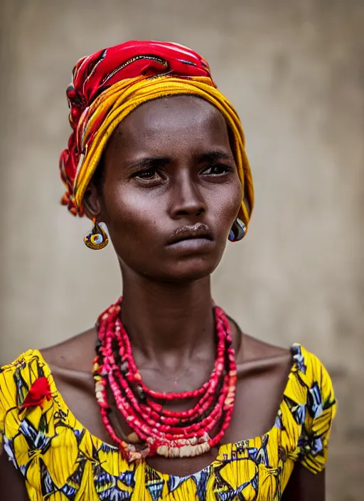 Prompt: Mid-shot portrait of a beautiful 20-year-old woman from Ethiopia in her traditional get-up, candid street portrait in the style of Martin Schoeller award winning, Sony a7R