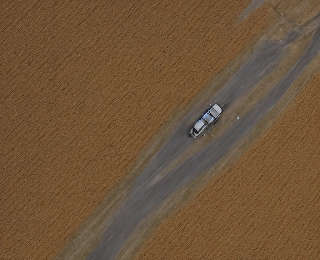 Prompt: A little car driving on road between burning fields of wheat, isometric aerial view, 4k