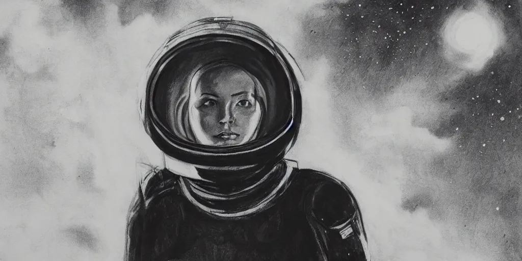 Image similar to charcoal portrait of a woman wearing a space helmet, scifi, big clouds visible in the background, stars in the sky, high contrast, deep black tones, charcoal smears