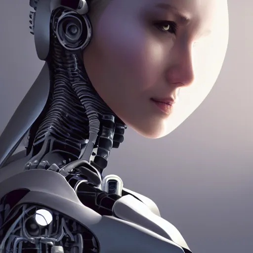 Image similar to Perfectly-Centered Portrait of the upper body of a Mechanical Cyberpunk Female Android, upper torso, upper body, intricate, elegant, super highly detailed, professional digital painting, artstation, concept art, smooth, sharp focus, no blur, no dof, extreme illustration, Unreal Engine 5, Photorealism, HD quality, 8k resolution, cinema 4d, 3D, beautiful, cinematic, art by artgerm and greg rutkowski and alphonse mucha and loish and WLOP