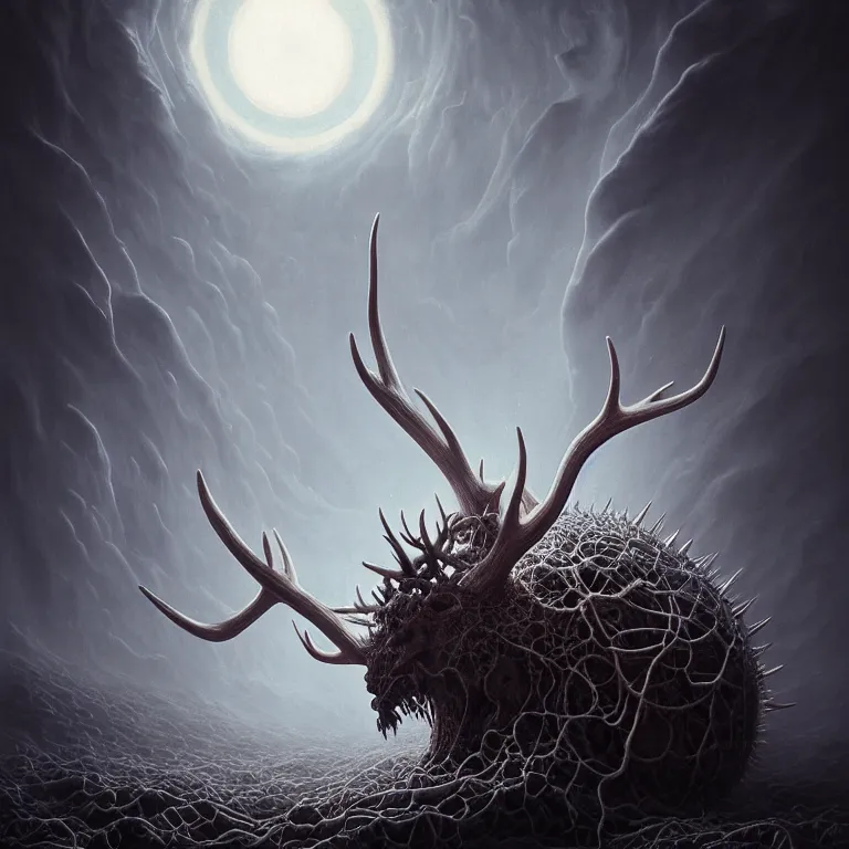 Image similar to surreal portrait of white demon covered with ribbed white spiky spiral crooked antlers, in wastelands on white exoplanet at night, baroque portrait painting, beautiful intricate insanely detailed octane render, artstation, 8 k artistic harsh flash photography, photorealistic, volumetric perfect light, chiaroscuro, raphael, caravaggio, beksinski, rutkowski, giger