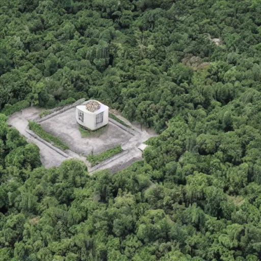 Prompt: fortified compound. aerial photography. secret police facility. lush green forest