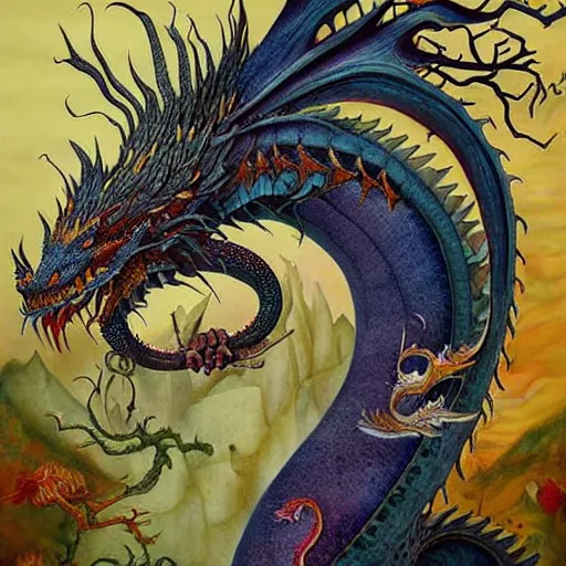 Prompt: portrait of surreal dragon king, artwork by Daniel Merriam,