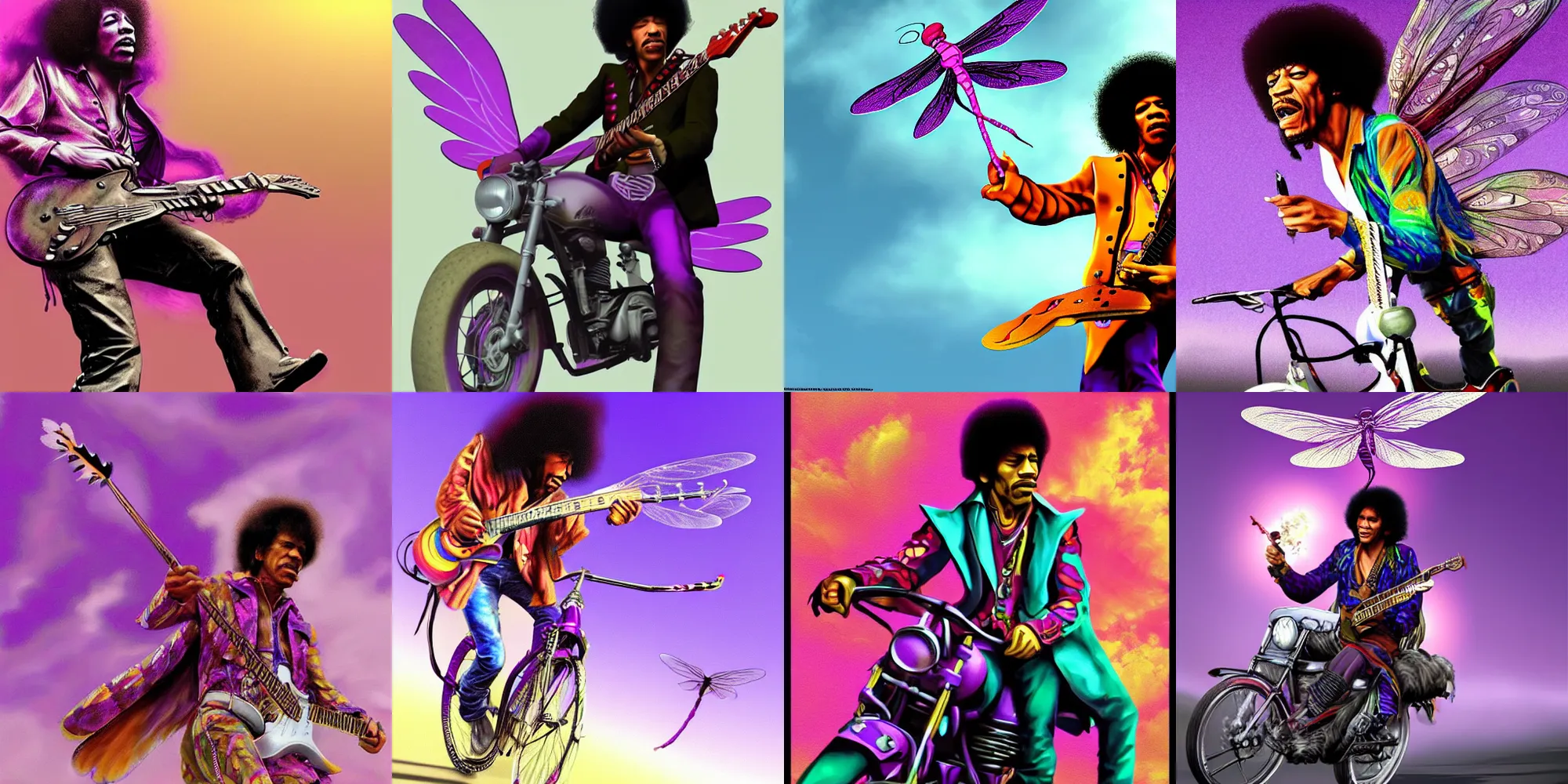 Prompt: Jimi Hendrix riding on the back of an enormous purple dragonfly, Digital realistic detailed art trending in Artstation.