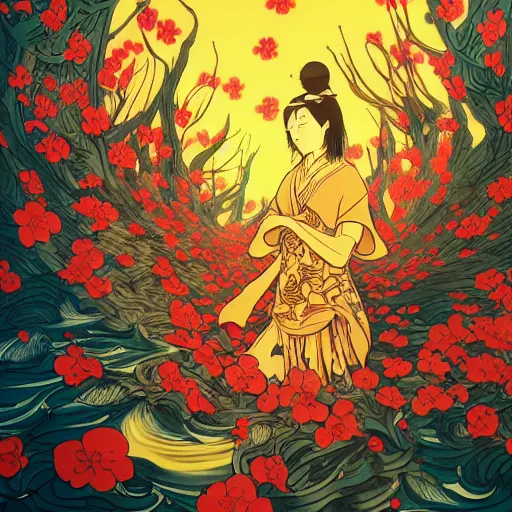 Image similar to james jean style, utagawa kunisada style, vfx art, unreal engine render, claymation style, colourful, volumetric light, digital painting, digital illustration, dramatic light,