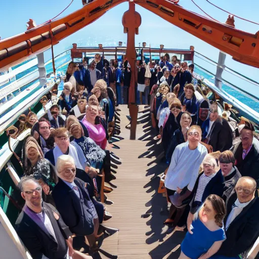 Prompt: a photograph of a ship full of scholars, wide shot, sunny day, soft focus