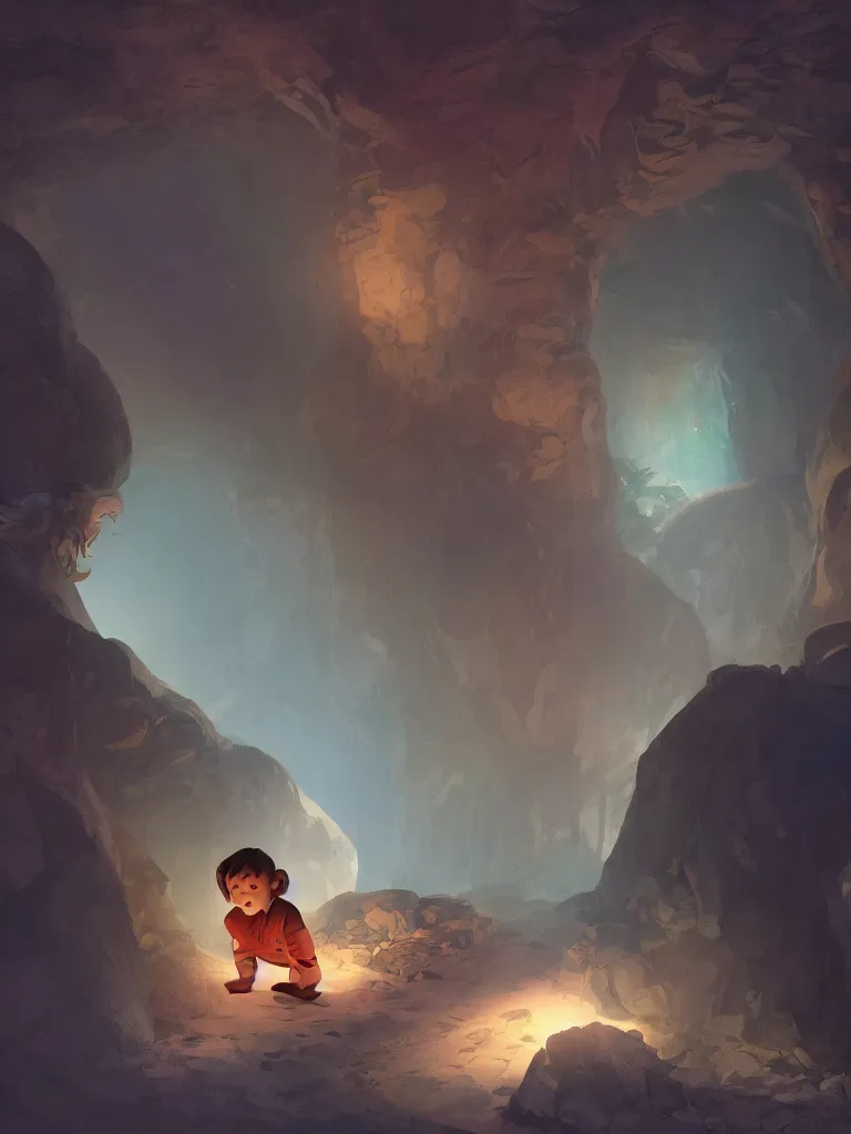 Image similar to lit child, in a dark cave, by disney concept artists, blunt borders, converging lines, soft light