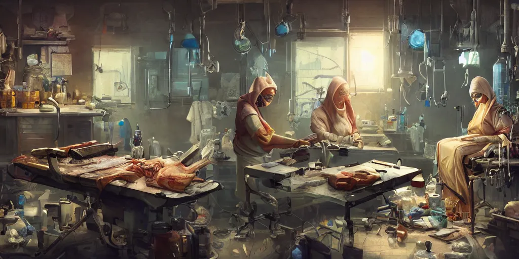 Prompt: an environmental concept art of a babushka surgeon in a cluttered mechanics workshop, surgical impliments, surgery table, highly detailed, cinematic, dramatic, cyberpunk
