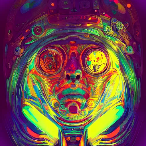 Image similar to An extremely psychedelic experience, colorful, surreal, dramatic lighting, cosmonaut, LSD, face, detailed, intricate, elegant, highly detailed, digital painting, artstation, concept art, smooth, sharp focus, illustration, art by Sam Spratt, Dan Mumford, Artem Demura and Alphonse Mucha