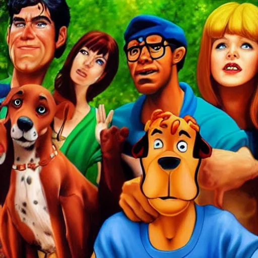 Image similar to an ultra - realistic portrait painting of scooby and the gang in the style of alex ross. 4 k. ultra - realistic. highly detailed. epic lighting.