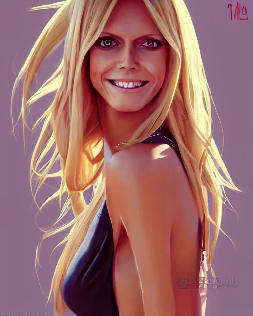 Image similar to portrait of Heidi Klum as Anime girl cute-fine-face, full body! pretty face, realistic shaded Perfect face, fine details. Anime. realistic shaded lighting by Ilya Kuvshinov Giuseppe Dangelico Pino and Michael Garmash and Rob Rey