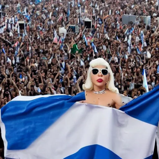 Image similar to Lady Gaga as president, Argentina presidential rally, Argentine flags behind, bokeh, giving a speech, detailed face, Argentina