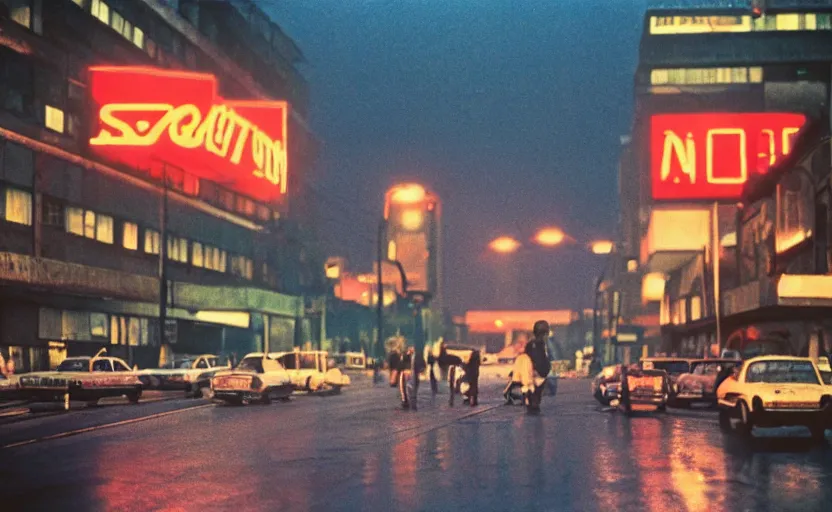 Prompt: 70s movie still of a sovietic street with pedestrians with soviet highrise in the backround , Cinestill 800t 18mm ektachrome color, heavy grainy picture, very detailed, high quality, 4k panoramic, HD criterion, dramatic lightning, neon billboards and streetlight at night, rain, mud, foggy