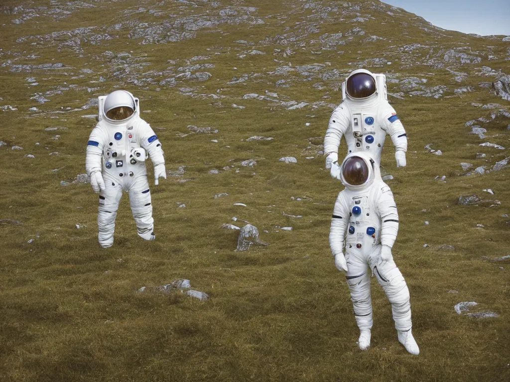 Prompt: tourist in space suit on the Isle of Harris, Scotland, a spaceship in the background, 35 mm lens, medium format camera, photorealistic, rocky, hills, grass