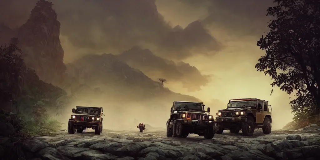 Prompt: Mahindra thar, malayalis attacking, furious action scene, an epic fantasy, dramatic lighting, cinematic, establishing shot, extremely high detail, photorealistic, cinematic lighting, artstation, by simon stalenhag, shadow of the tomb rider