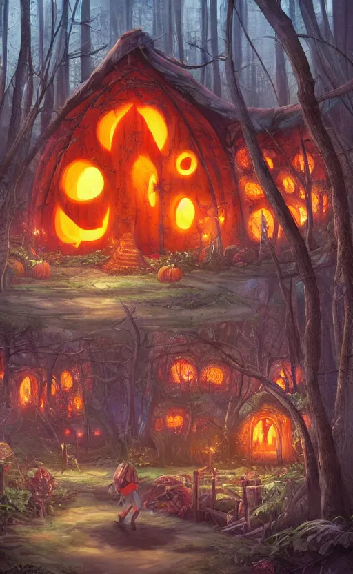 Image similar to a giant pumpkin cabin in the middle of a forest at night, the lights are on, dynamic lighting, photorealistic fantasy concept art, trending on art station, stunning visuals, creative, cinematic, ultra detailed