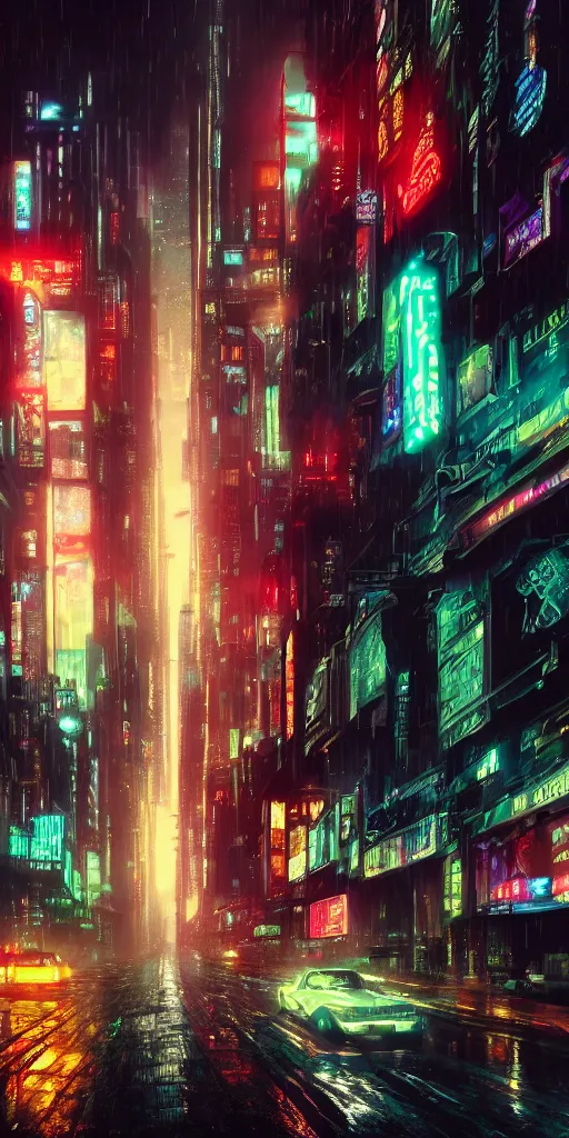 Image similar to hyper realistic cyberpunk cityscape,neon,rain,blade runner, looming surreal sky, stars,moon, cinematic lighting, detailed oil painting, 8k