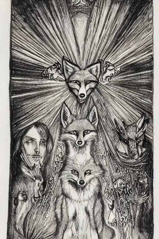 Prompt: realistic medieval etching of the fox of chaos, high detail, elaborate composition, quality draughtmanship, detailed faces. by austin osman spare, occult art, alchemical diagram