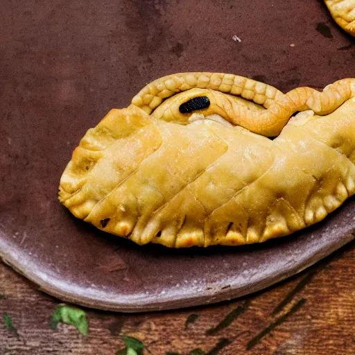 Prompt: close view of a snake empanada