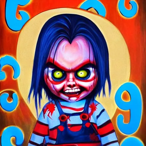 Prompt: macabre painting of chucky by jeremiah ketner | horror themed | creepy