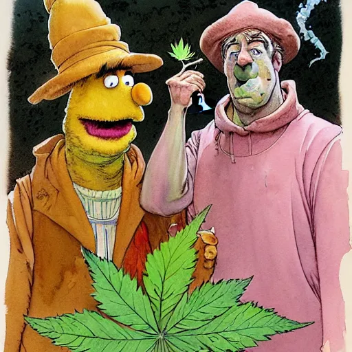 Prompt: a realistic and atmospheric watercolour fantasy character concept art portrait of bert and ernie with pink eyes smoking a huge blunt with a pot leaf nearby by rebecca guay, michael kaluta, charles vess and jean moebius giraud