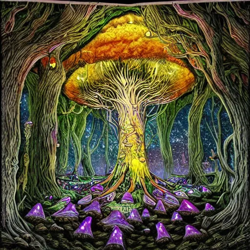 Image similar to acrylic painting, art in the style of Terry Moore, Moebius and Mohrbacher, a tiny village carved into the side of a tree, inhabited by elves and faeries, the outside lights are bioluminescent mushrooms and fungi intricately detailed