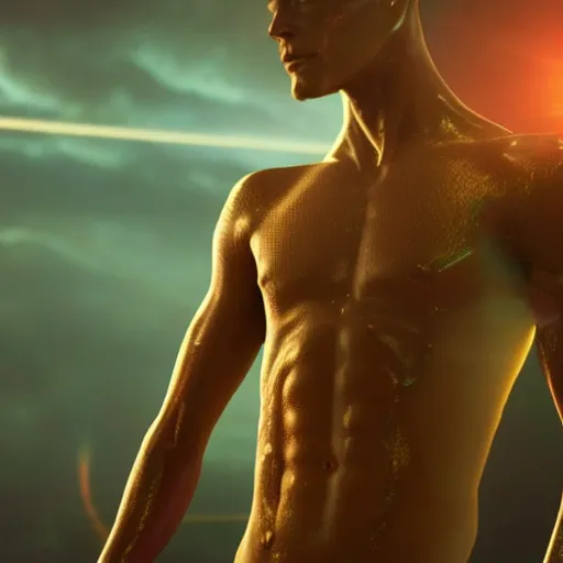 Image similar to a beautiful athletic male god alien with holographic skin, blockbuster movie still, cinematic, beautiful, 8 k