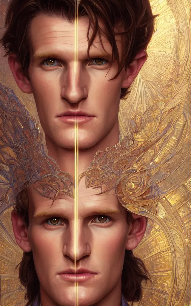 Image similar to symmetry portrait of matt smith, intricate, elegant, highly detailed, digital painting, artstation, concept art, smooth, sharp focus, illustration, art by artgerm and greg rutkowski and alphonse mucha