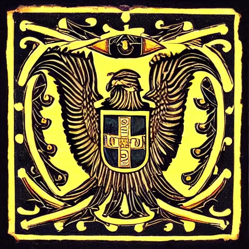 Image similar to serbian two-headed eagle symmetrical symbol, in style of fantastic heraldry, in style of Midjourney, highly detailed and intricate, golden ratio, stylized, elegant, ornate, majestic, elite