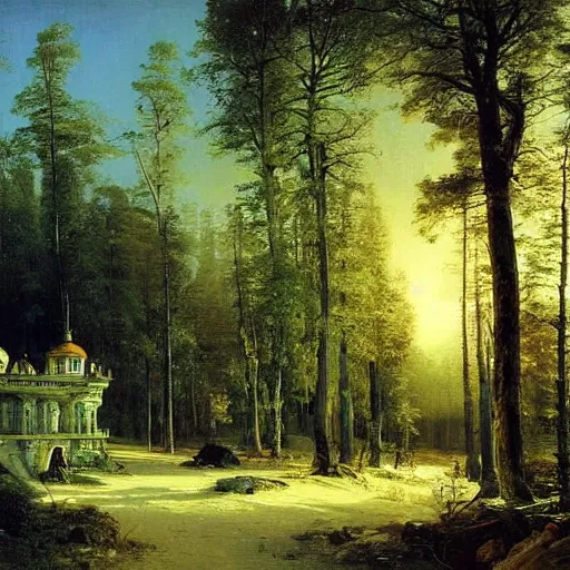 Image similar to masterpiece oil painting of a fantasy hotel in a beautiful forest by ivan shishkin and aivazovsky, highly detailed