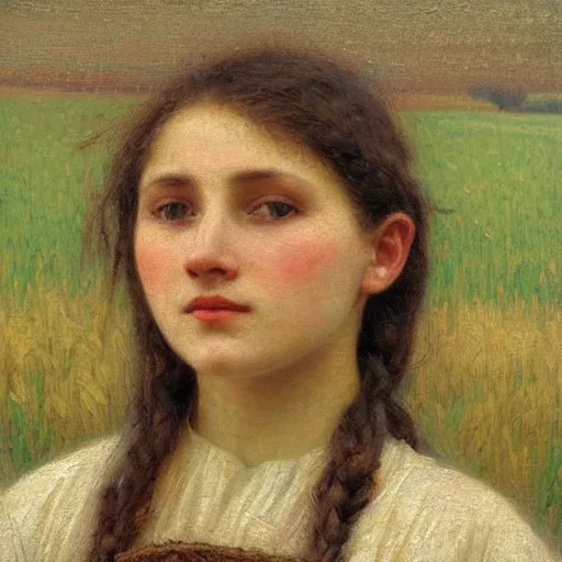 Prompt: a detailed, intricate oil painting close - up portrait of a ukrainian peasant girl in a field of grain, by william adolphe bougereau