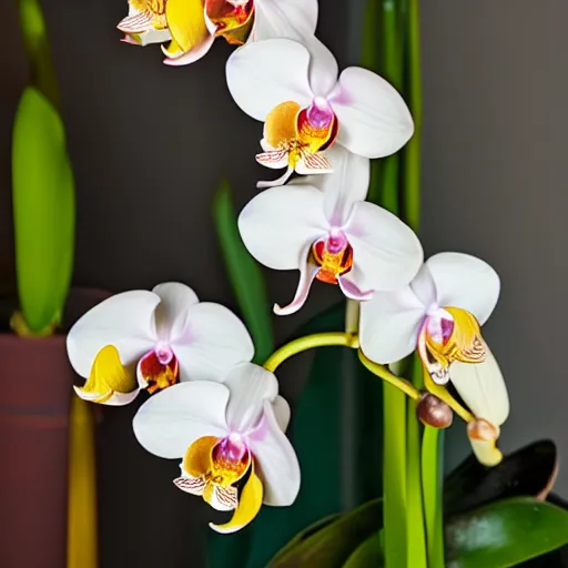 Prompt: Phal orchid, Solar Flare 'Monte Vista', Tall spikes and very nice waxy flowers, flower photography, still image,