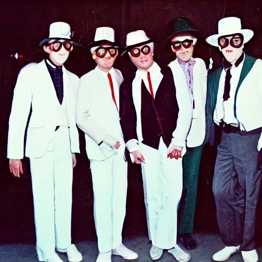 Image similar to a group of men in white suits and hats, a colorized photo by david diao, reddit contest winner, art brut, 1 9 7 0 s, 1 9 9 0 s, freakshow