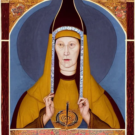 Image similar to A photograph of Hildegard Von Bingen by Juergen Teller, XF IQ4, 150MP, 50mm, f/1.4, ISO 200, 1/160s, natural light, Adobe Photoshop, Adobe Lightroom, DxO Photolab, Corel PaintShop Pro, rule of thirds