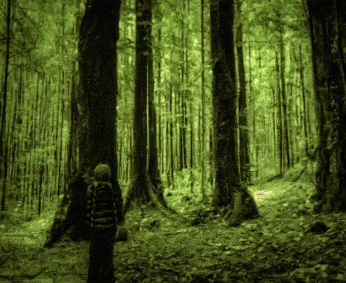 Image similar to grainy found footage of a creature in a forest, grainy, creature in view, scary, color