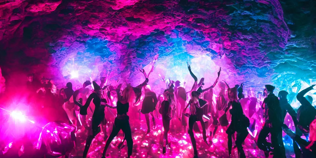 Image similar to cinematic shot of a goth disco nightclub in a cave, (((sphere of holographic knives))) made of pink lasers and blue crystals, goth people dancing, 8k photograph