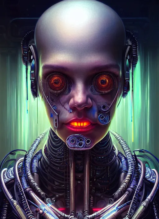 Prompt: closeup portrait of a cyborg in a scenic dystopian neon environment, intricate, elegant, highly detailed, centered, digital painting, artstation, concept art, smooth, sharp focus, illustration, artgerm, tomasz alen kopera, peter mohrbacher, donato giancola, joseph christian leyendecker, wlop,