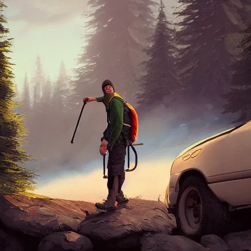 Image similar to hiker unloading the car before camping, by roman shipunov, cgsociety, fantasy art, 2 d game art