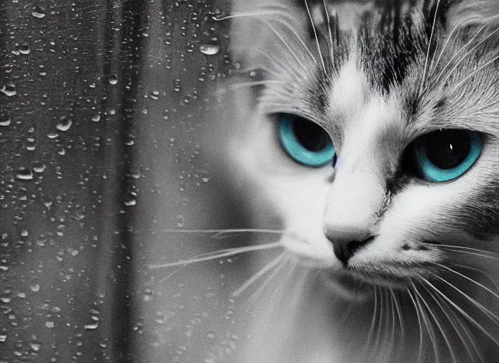 Image similar to photography of a Cat . watching outside the window while it rains. on a bed. in a 70's room full of vinyls and posters, photorealistic, raining award winning photo, 100mm, sharp, high res