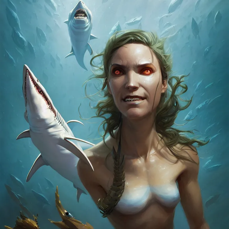 Image similar to a portrait of a stunning humanoid shark - woman revealing her shark teeth, by mandy jurgens and pete mohrbacher and and greg rutkowski, in frame, detailed facial features, fantasy, d & d, key art