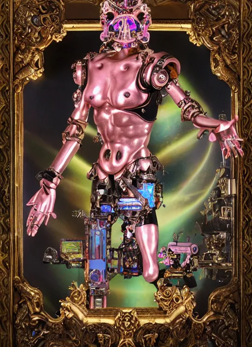Image similar to full-body baroque and cyberpunk style sculpture of a young seductive Hispanic prince half android with a chest exposing a glowing gemstone battery and a CRT monitor face, glowing pink seductive laser eyes, crown of blue gears and diamonds, swirling salmon-colored silk fabric, robotic raptors dinosaurs. baroque elements. full-length view. intricate artwork by caravaggio. art by Artgerm and Greg Rutkowski and Alphonse Mucha and Tooth Wu and Beeple, Trending on artstation, cinematic industrial lighting, hyper realism, octane render, 8k, depth of field, 3D