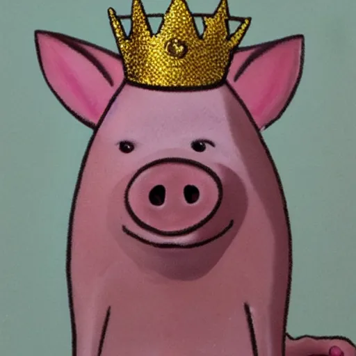 Image similar to a pig wearing a gold crown in the style of Friz Freleng